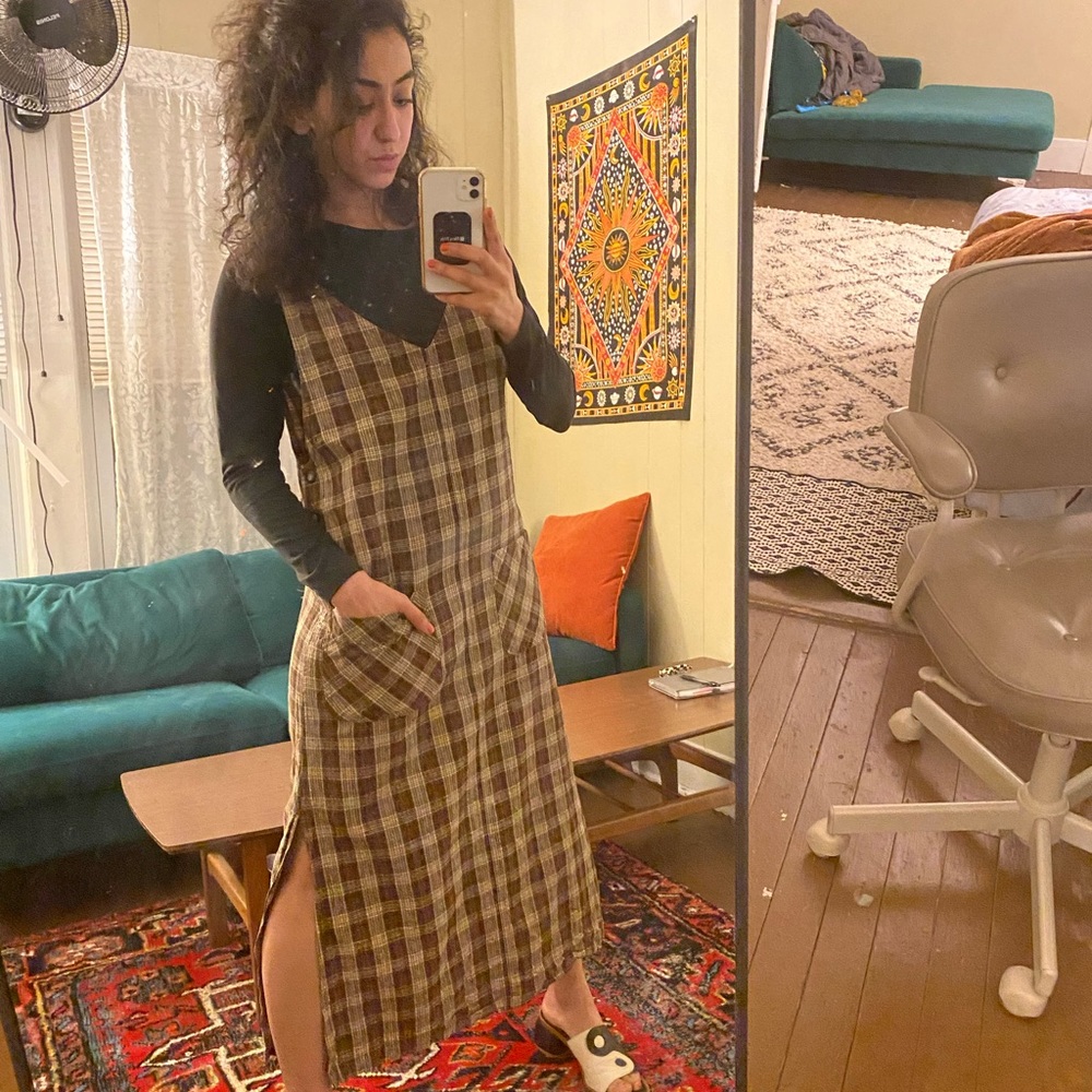 J.L.N.Y vintage brown plaid maxi dress overalls